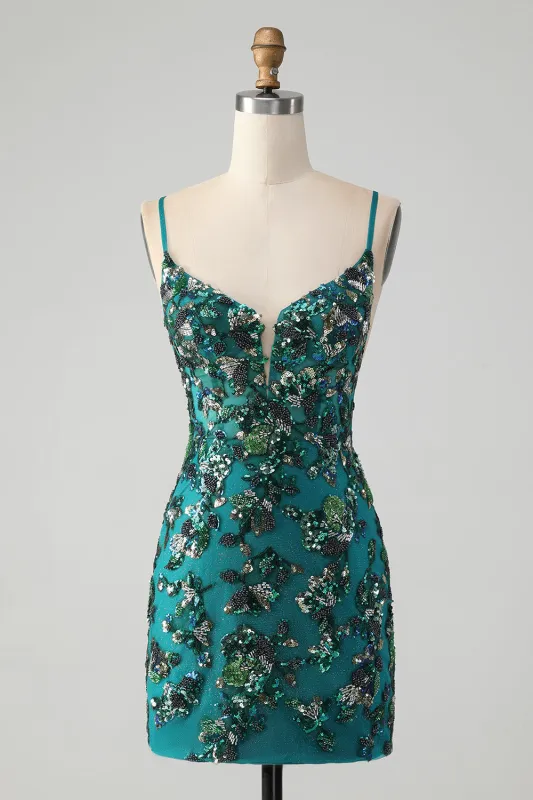 Sparkly Dark Green Bodycon Spaghetti Straps Short Homecoming Dress with Beading made by Wedtrend