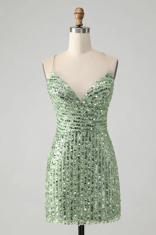 Stylish Green Sheath Criss Cross Back Short Homecoming Dress with Sequins sold by Wedtrend