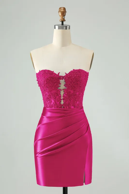 Sexy Bodycon Fuchsia Sweetheart Corset Hollow Out Beaded Short Homecoming Dress made by Wedtrend