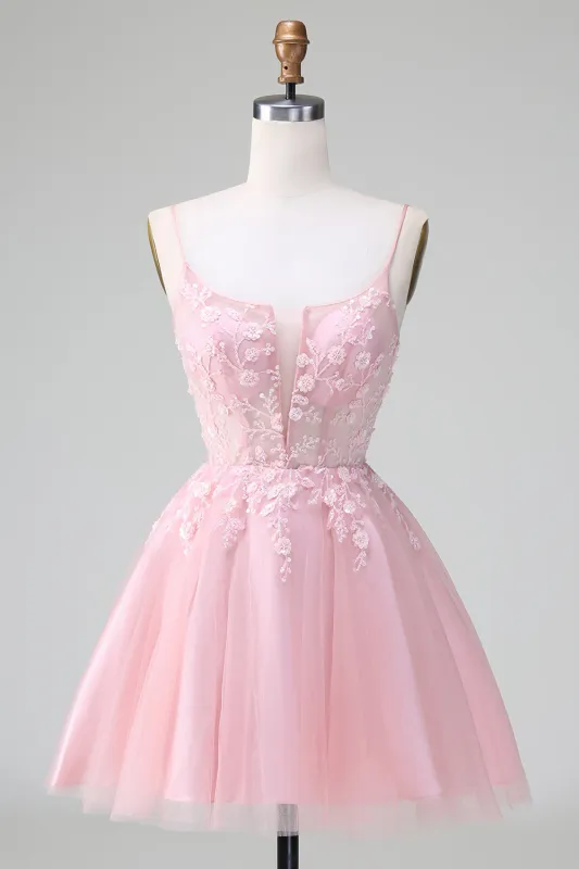 Cute Blush A Line Spaghetti Straps Corset Short Homecoming Dress with Appliques made by Wedtrend