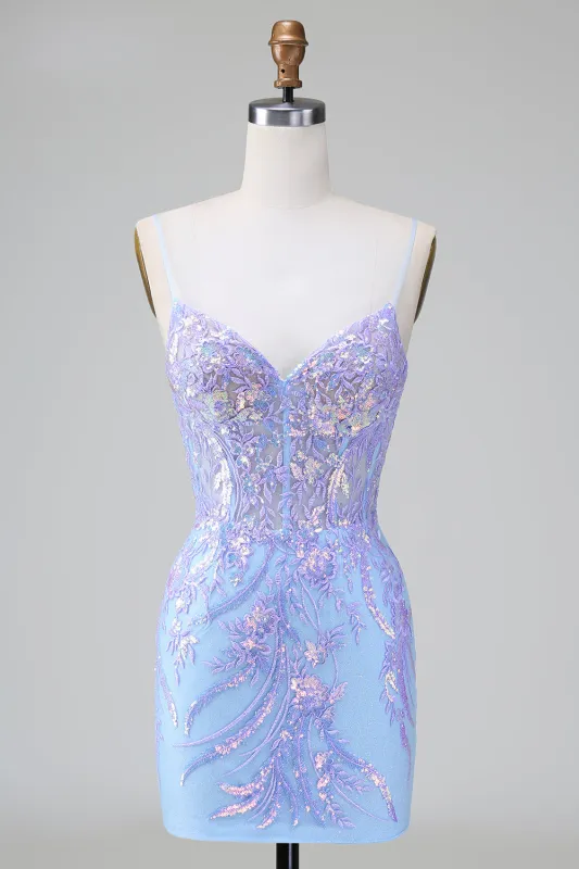 Sparkly Lilac Blue Bodycon Spaghetti Straps Corset Short Homecoming Dress with Sequins sold by Wedtrend