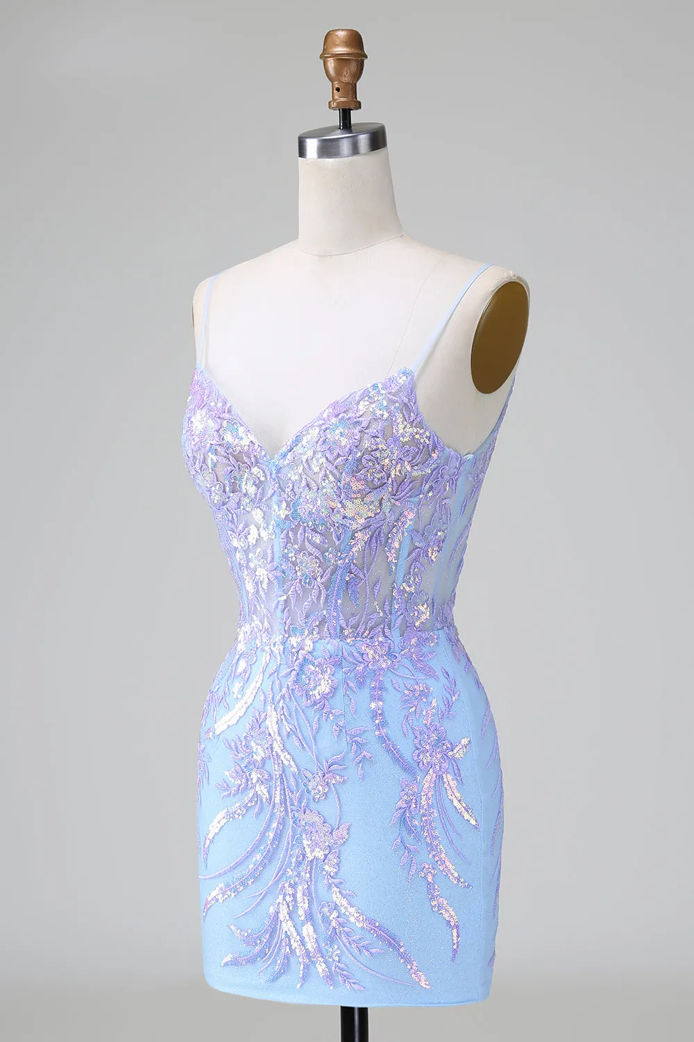 Sparkly Lilac Blue Bodycon Spaghetti Straps Corset Short Homecoming Dress with Sequins sold by Wedtrend product image thumbnail 5