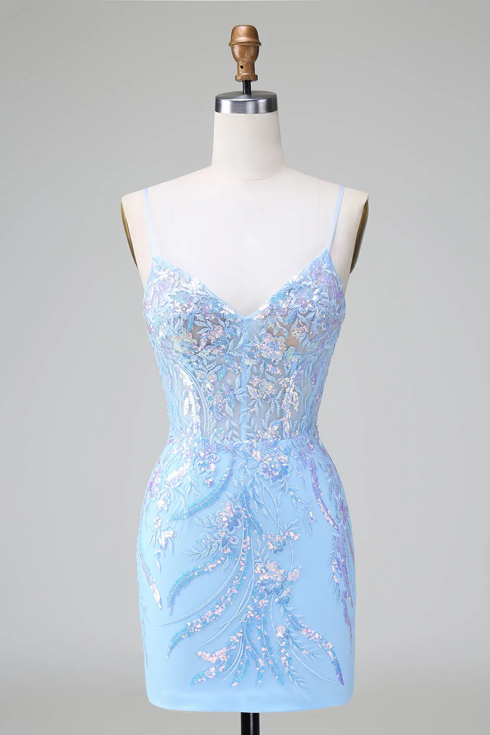 Sparkly Blue Bodycon Spaghetti Straps Corset Short Homecoming Dress with Sequins sold by Wedtrend