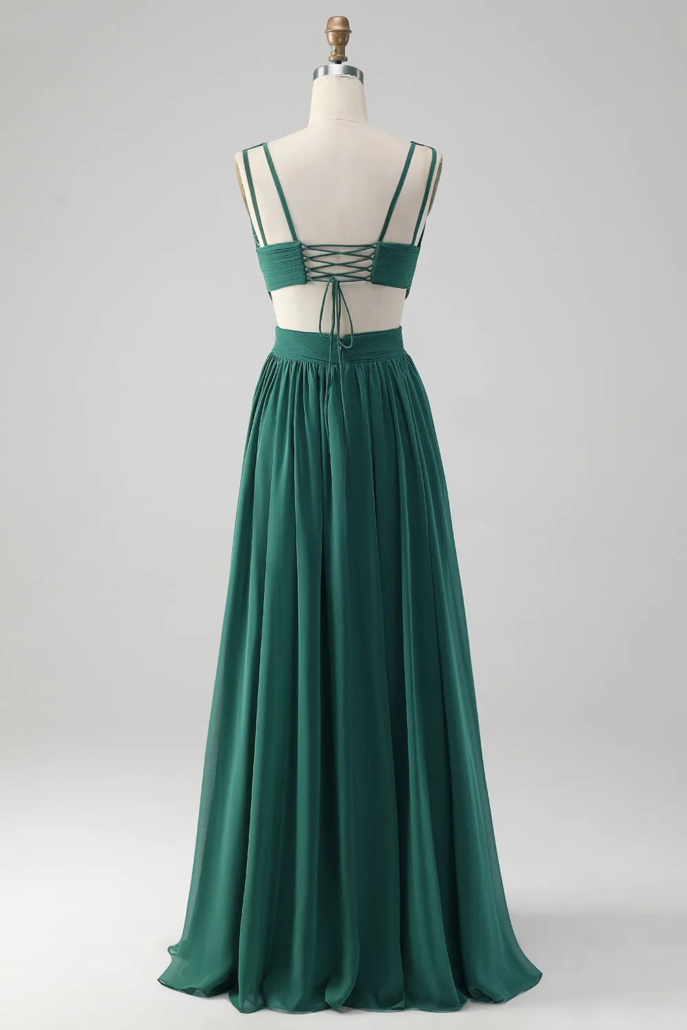 Dark Green A Line V Neck Pleated Chiffon Long Bridesmaid Dress sold by Wedtrend product image thumbnail 2