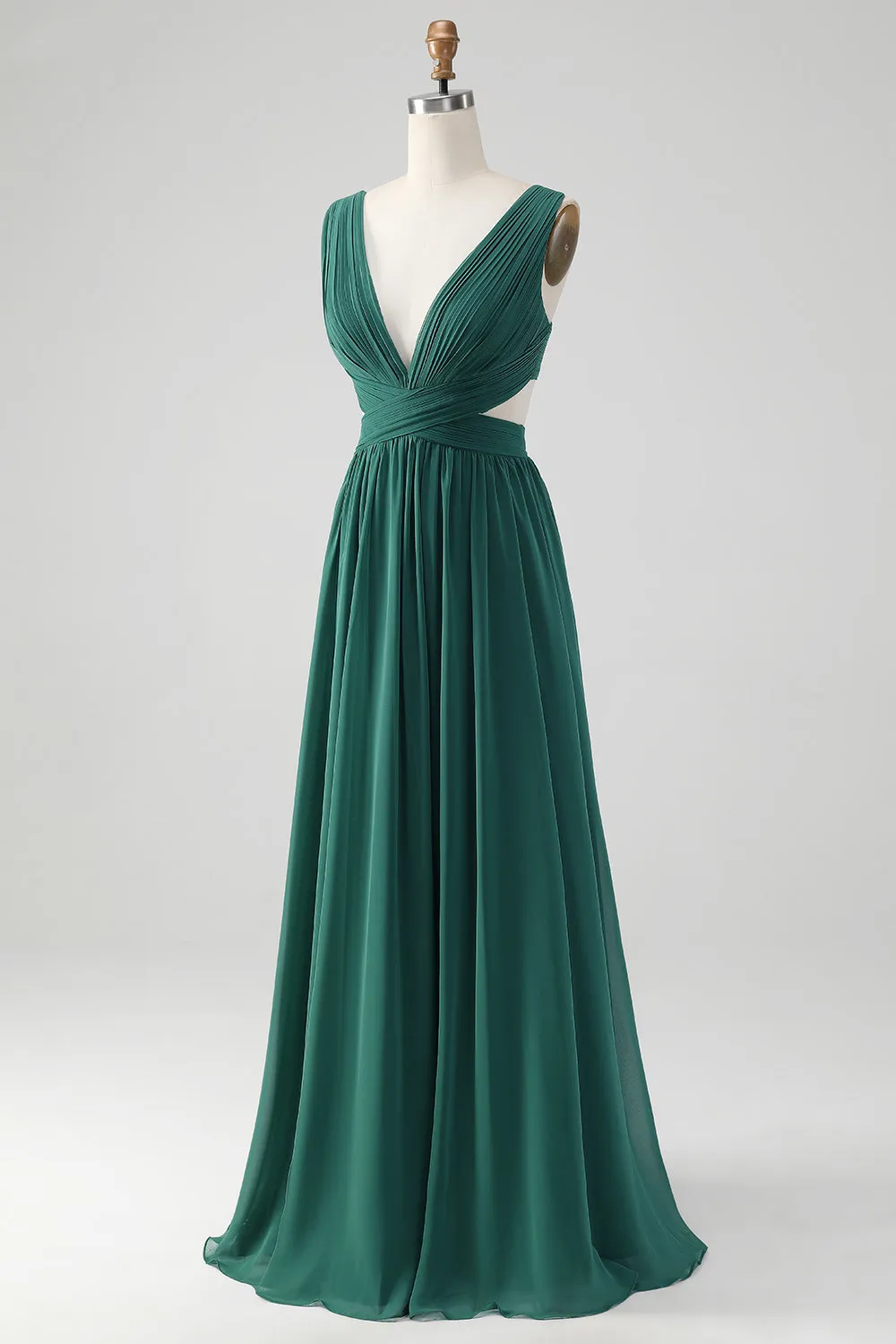 Dark Green A Line V Neck Pleated Chiffon Long Bridesmaid Dress sold by Wedtrend product image thumbnail 3
