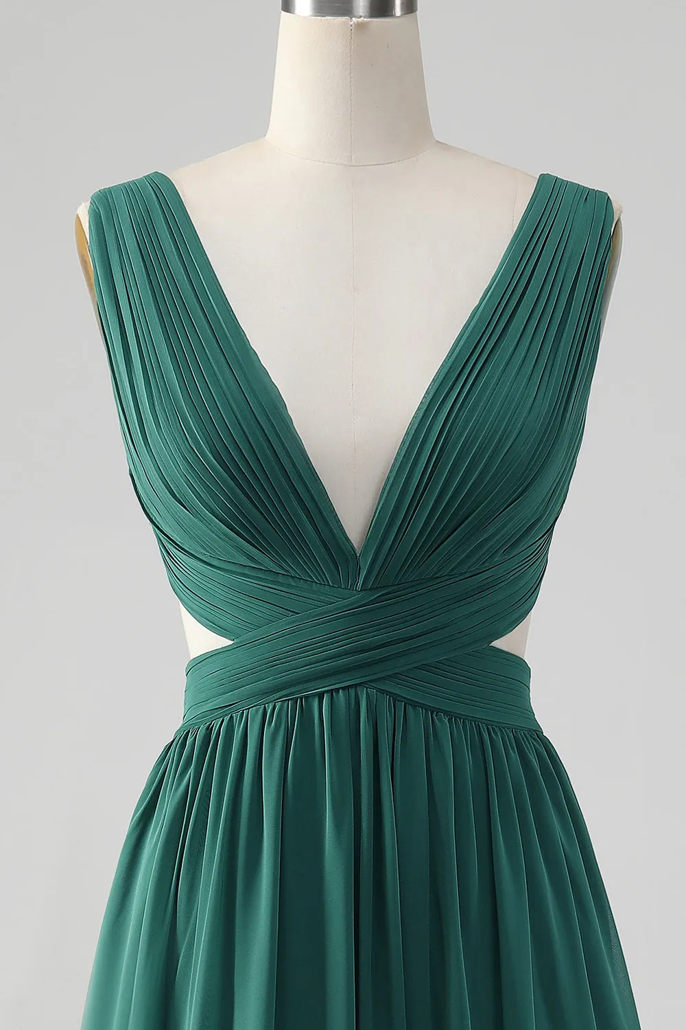Dark Green A Line V Neck Pleated Chiffon Long Bridesmaid Dress sold by Wedtrend product image thumbnail 4