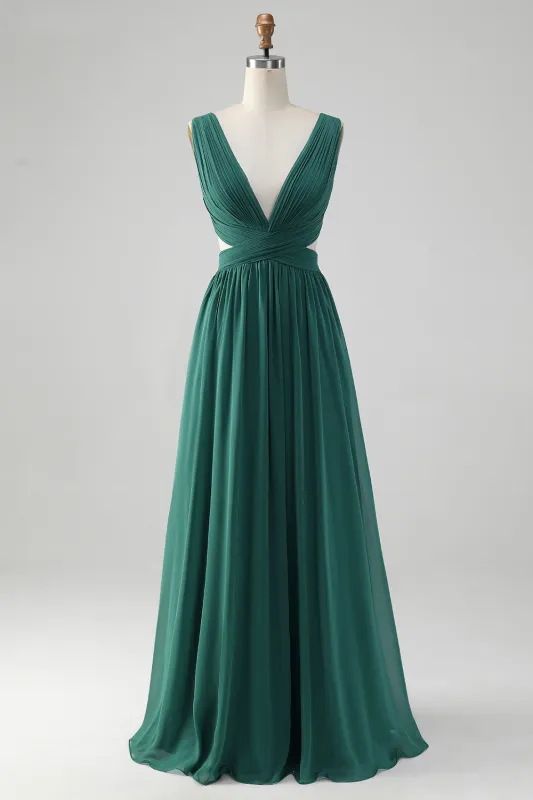 Dark Green A Line V Neck Pleated Chiffon Long Bridesmaid Dress sold by Wedtrend