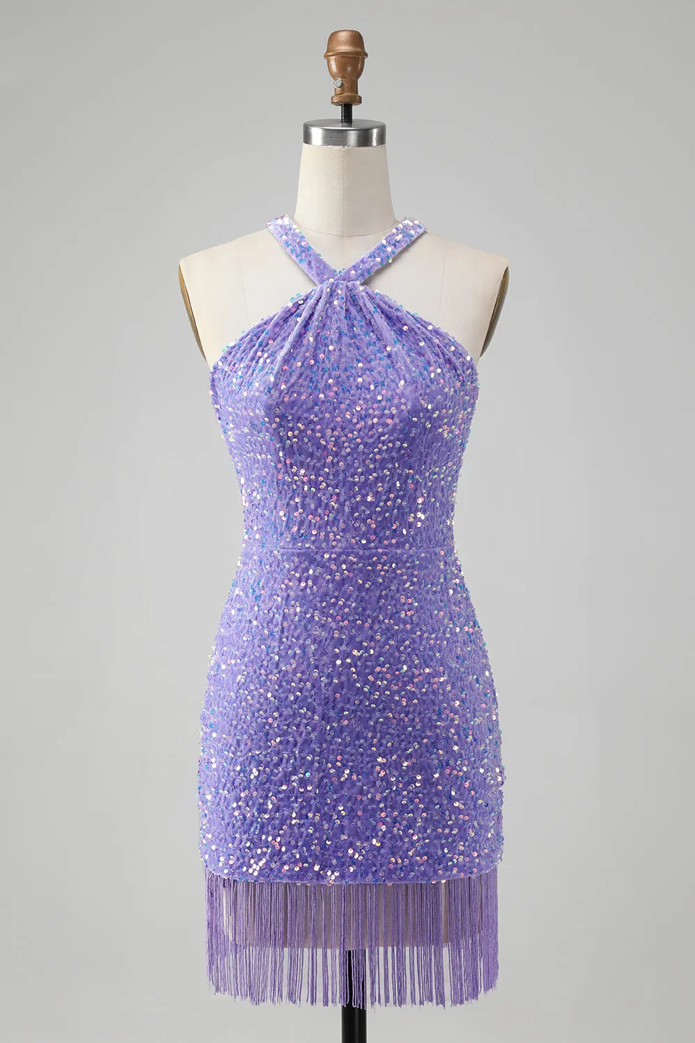 Sparkly Lilac Bodycon Halter Sequin Short Homecoming Dress with Tassels sold by Wedtrend