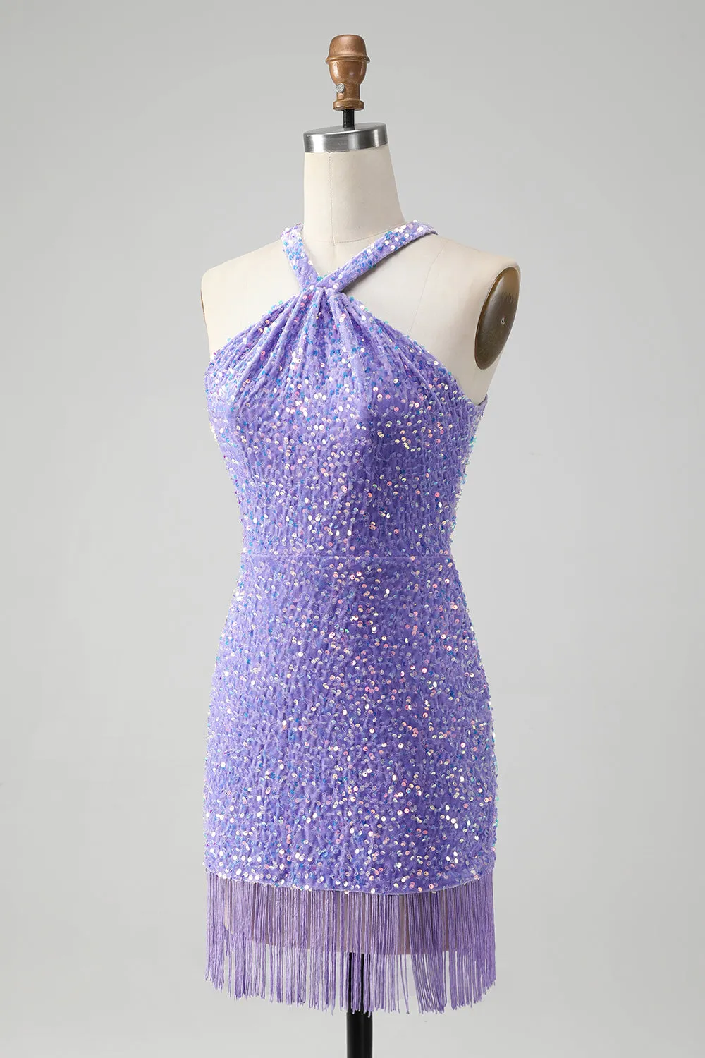 Sparkly Lilac Bodycon Halter Sequin Short Homecoming Dress with Tassels sold by Wedtrend product image thumbnail 4