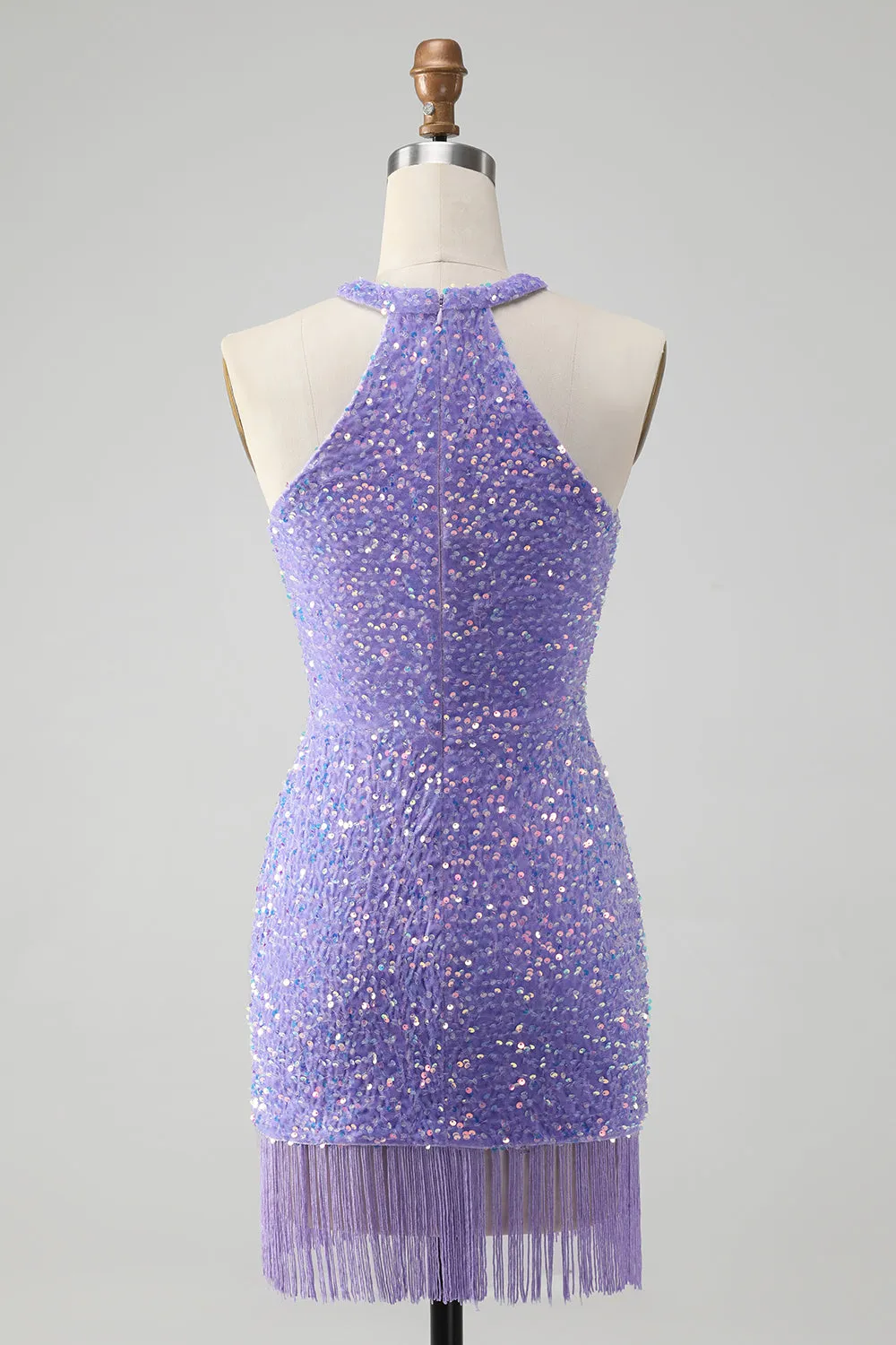 Sparkly Lilac Bodycon Halter Sequin Short Homecoming Dress with Tassels sold by Wedtrend product image thumbnail 2