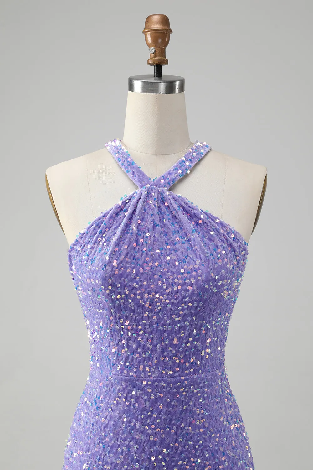 Sparkly Lilac Bodycon Halter Sequin Short Homecoming Dress with Tassels sold by Wedtrend product image thumbnail 5