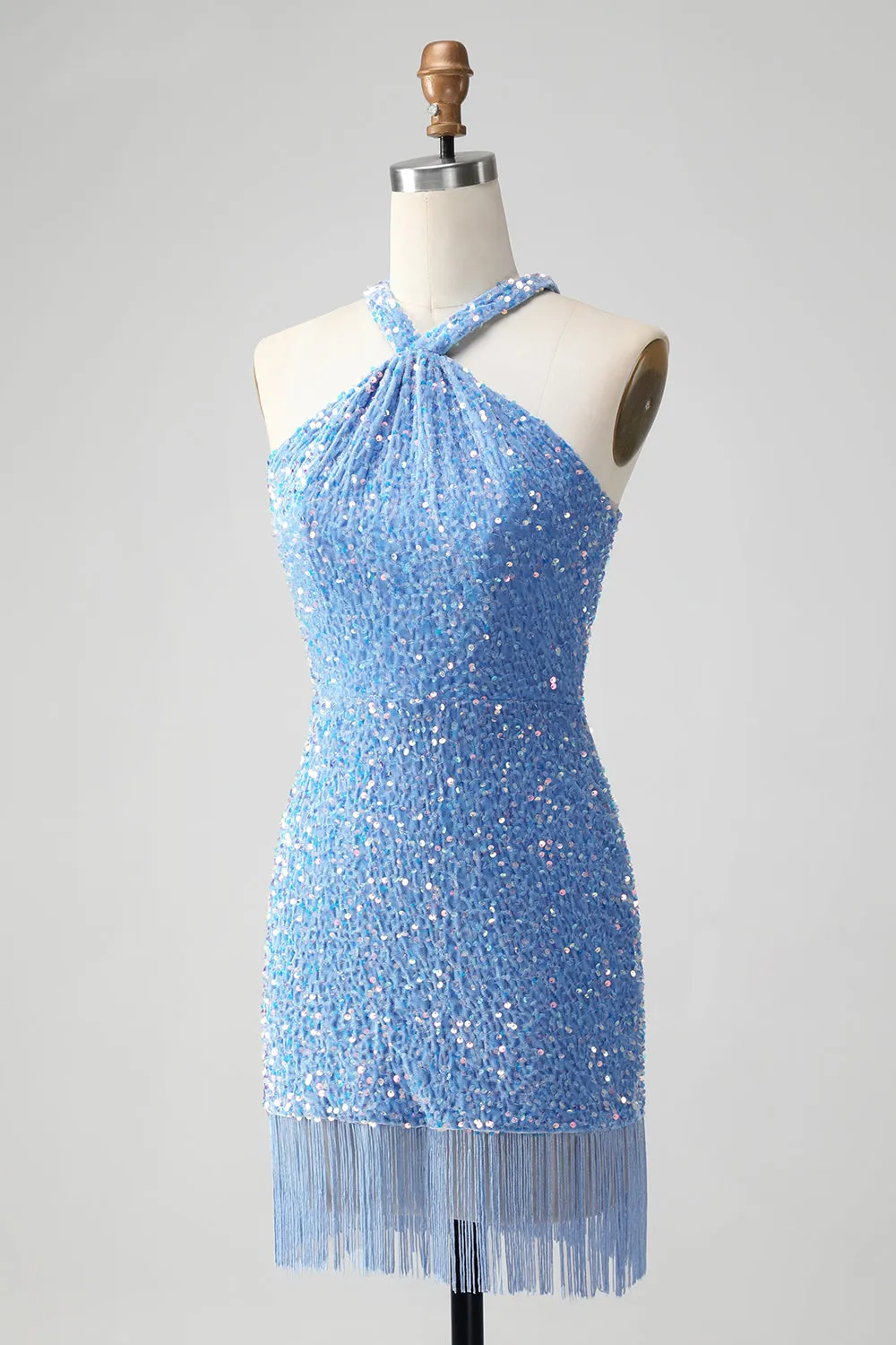 Sparkly Blue Bodycon Halter Sequin Short Homecoming Dress with Tassels sold by Wedtrend product image thumbnail 3