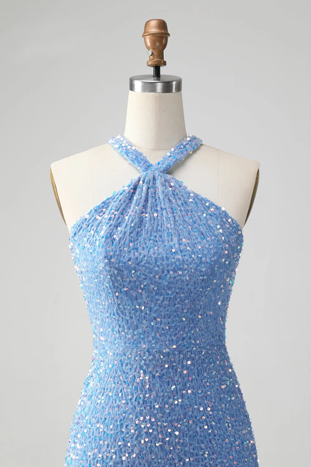 Sparkly Blue Bodycon Halter Sequin Short Homecoming Dress with Tassels sold by Wedtrend product image thumbnail 4