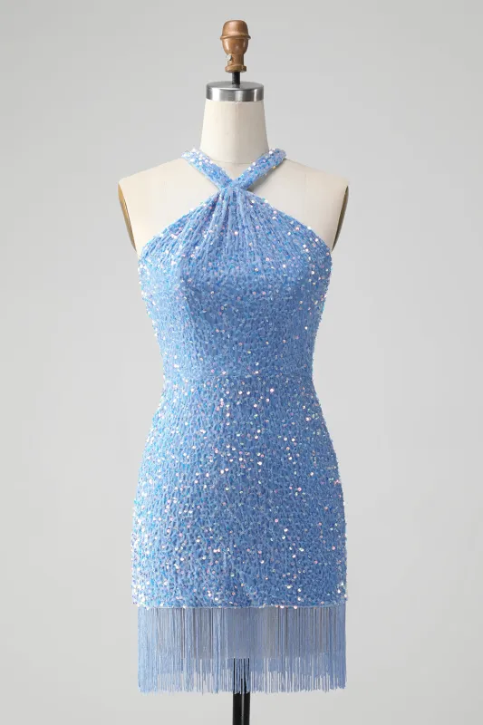 Sparkly Blue Bodycon Halter Sequin Short Homecoming Dress with Tassels made by Wedtrend