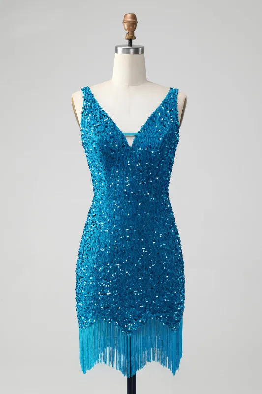 Glitter Dark Blue Tight Spaghetti Straps Sequin Short Homecoming Dress with Tassels sold by Wedtrend