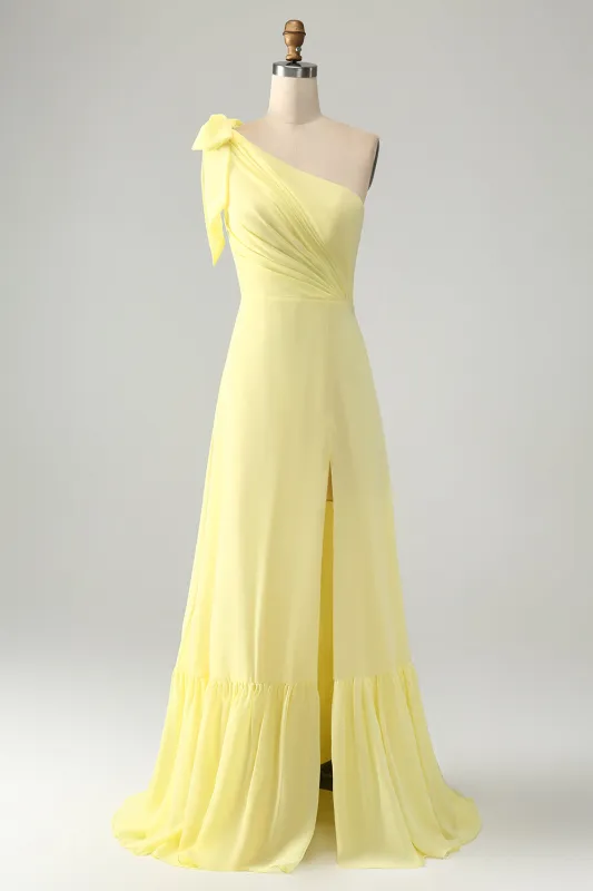 Yellow A Line One Shoulder Pleated Long Maxi Dress with Slit sold by Wedtrend