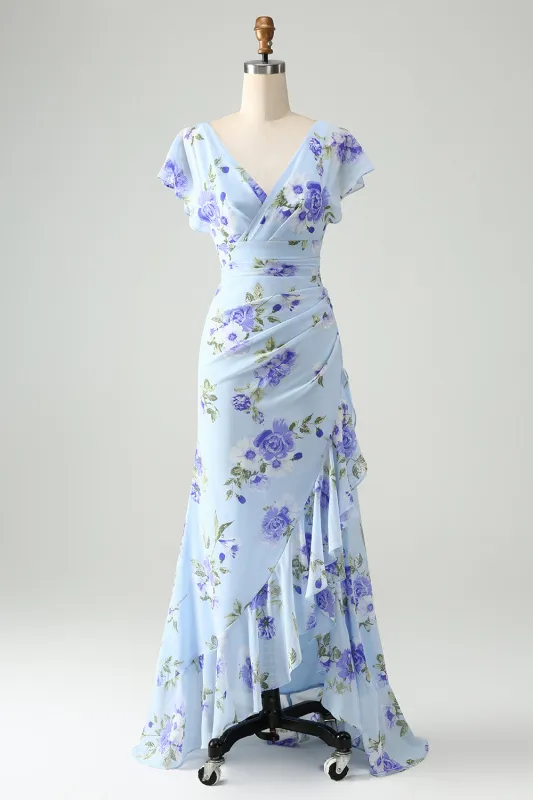 Blue Floral A Line V Neck Asymmetrical Maxi Dress with Ruffles sold by Wedtrend