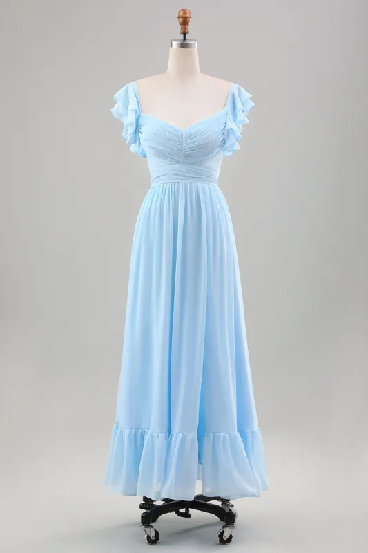 Sky Blue A Line Chiffon Pleated Tea-Length Dress with Ruffle Sleeves sold by Wedtrend