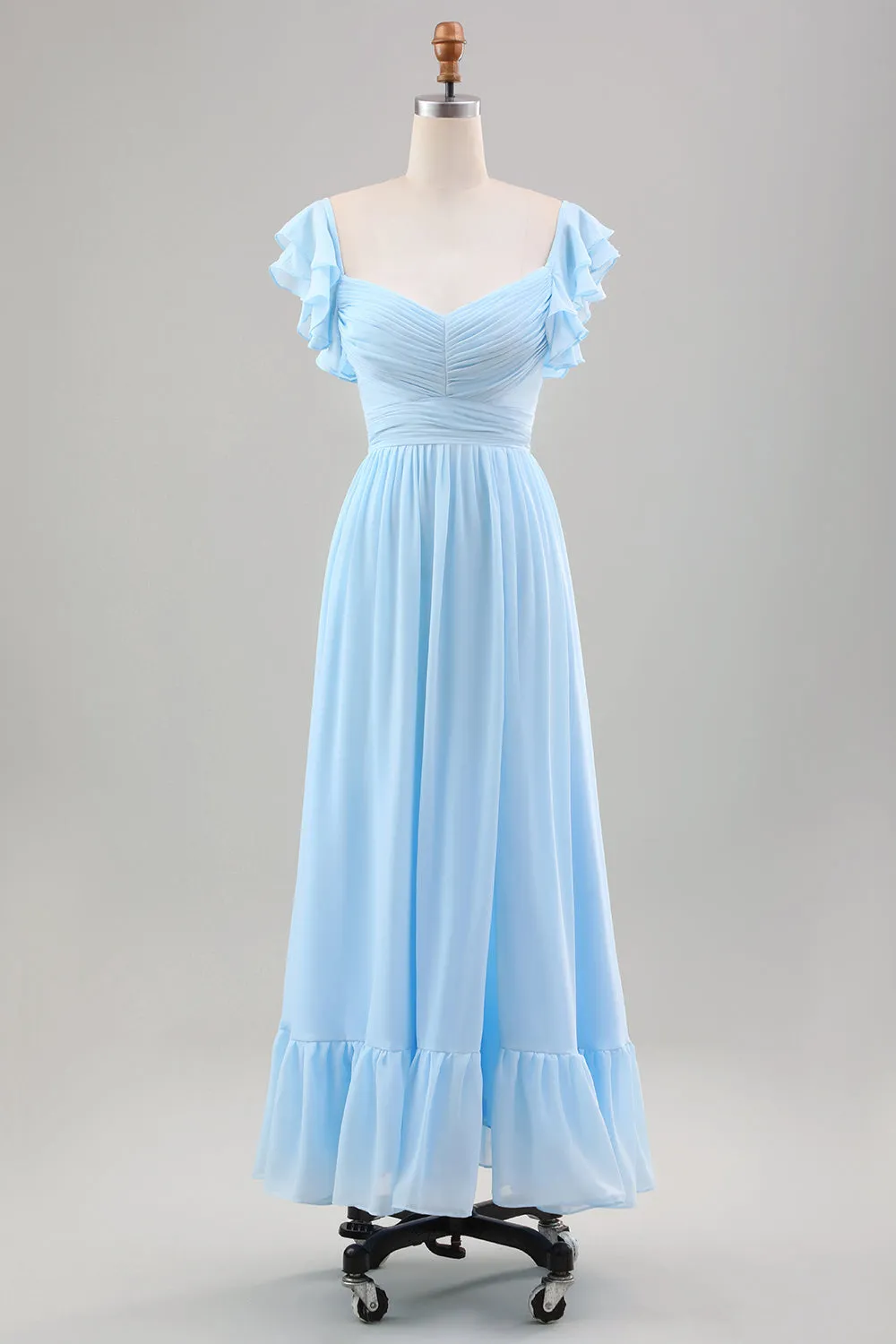 Sky Blue A Line Chiffon Pleated Tea-Length Dress with Ruffle Sleeves sold by Wedtrend