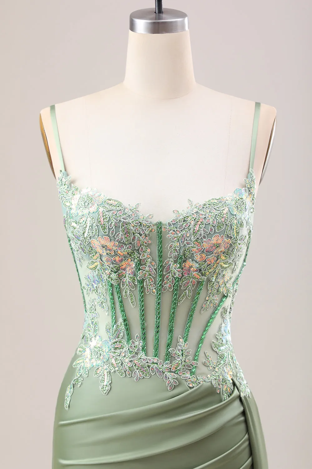 Stylish Sage Green Mermaid Pleated Sequin Corset Long Prom Dress With Slit sold by Wedtrend product image thumbnail 4