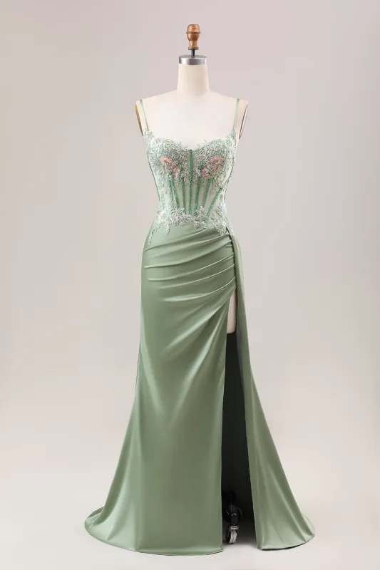 Stylish Sage Green Mermaid Pleated Sequin Corset Long Prom Dress With Slit made by Wedtrend