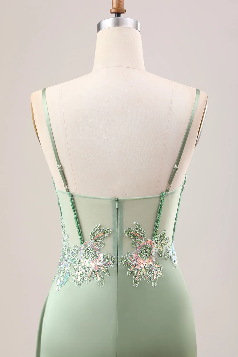 Stylish Sage Green Mermaid Pleated Sequin Corset Long Prom Dress With Slit sold by Wedtrend product image thumbnail 5