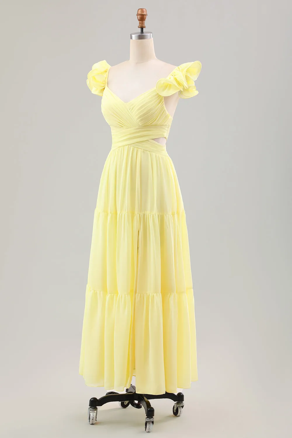 Simple Lemon Yellow A Line Pleated Chiffon Wedding Party Guest Dress with Ruffles sold by Wedtrend product image thumbnail 3