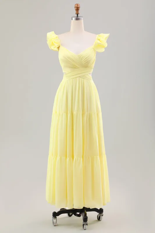 Simple Lemon Yellow A Line Pleated Chiffon Wedding Party Guest Dress with Ruffles made by Wedtrend
