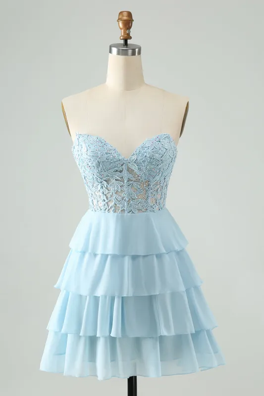 A Line Sweetheart Tiered Light Blue Short Homecoming Dress with Appliques sold by Wedtrend