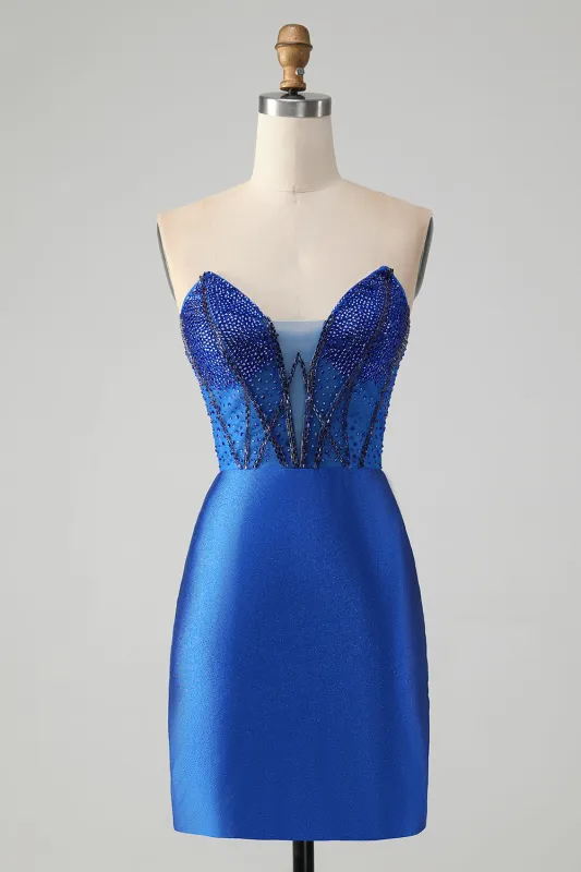 Classy Sparkly Royal Blue Tight Strapless Short Homecoming Dress with Beading sold by Wedtrend