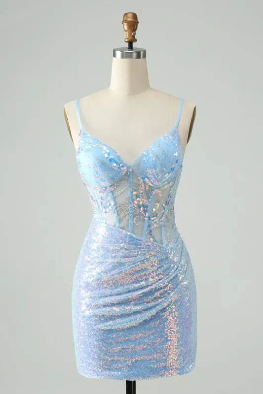 Glitter Light Blue Tight Spaghetti Straps Corset Short Homecoming Dress with Sequins sold by Wedtrend