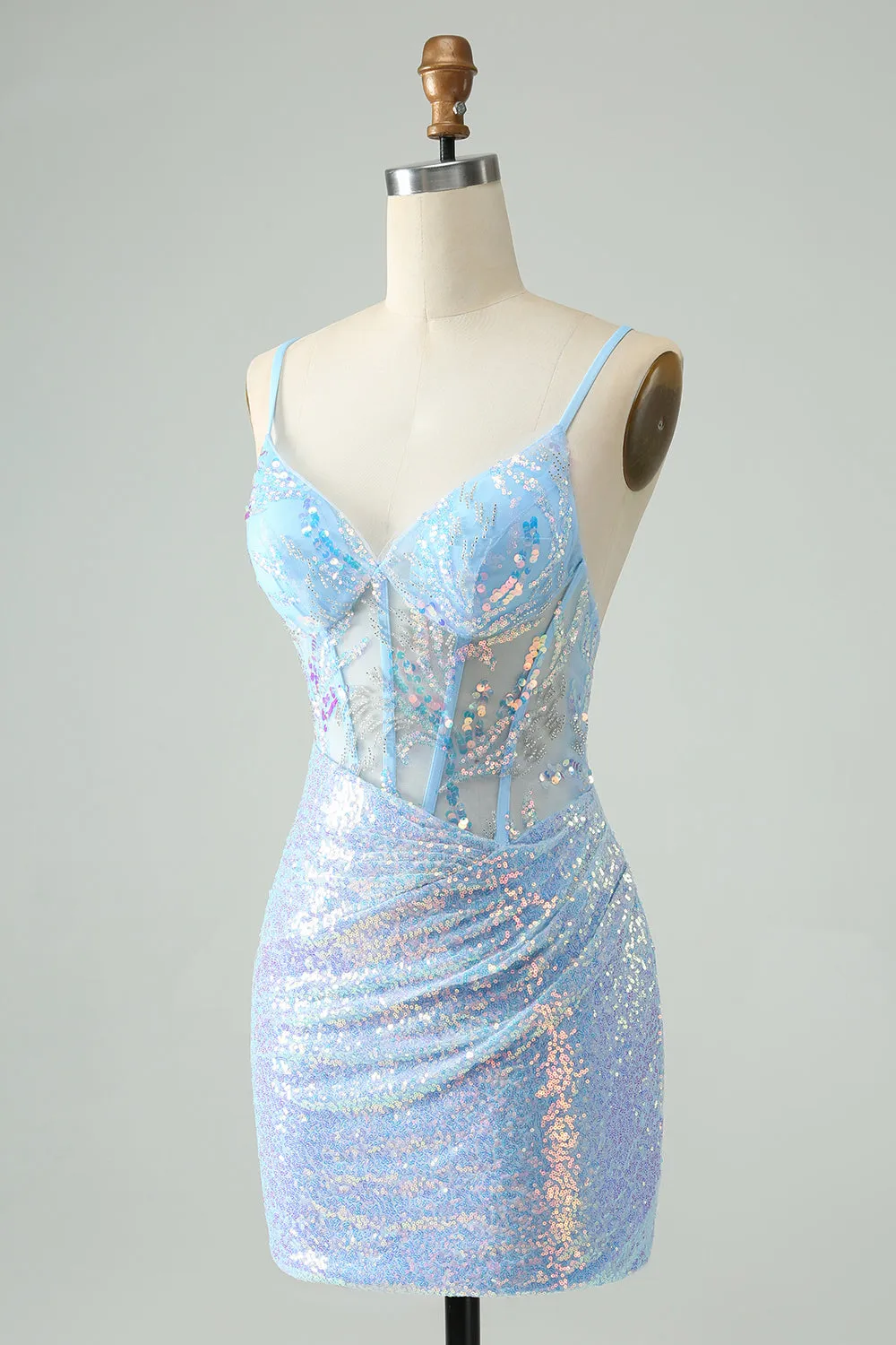 Glitter Light Blue Tight Spaghetti Straps Corset Short Homecoming Dress with Sequins sold by Wedtrend product image thumbnail 3
