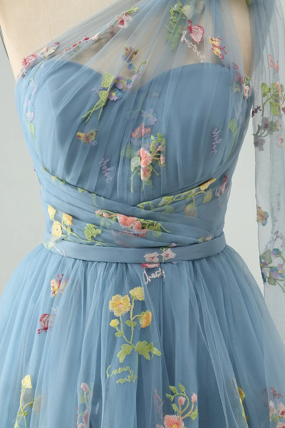 A Line One Shoulder Grey Blue Tulle Homecoming Dress with Floral Embroidery sold by Wedtrend product image thumbnail 4