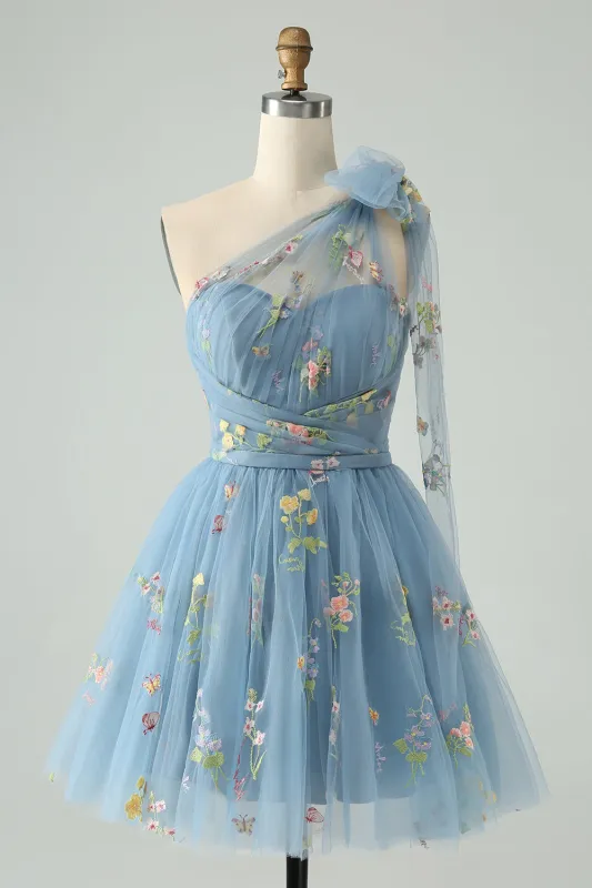 A Line One Shoulder Grey Blue Tulle Homecoming Dress with Floral Embroidery made by Wedtrend