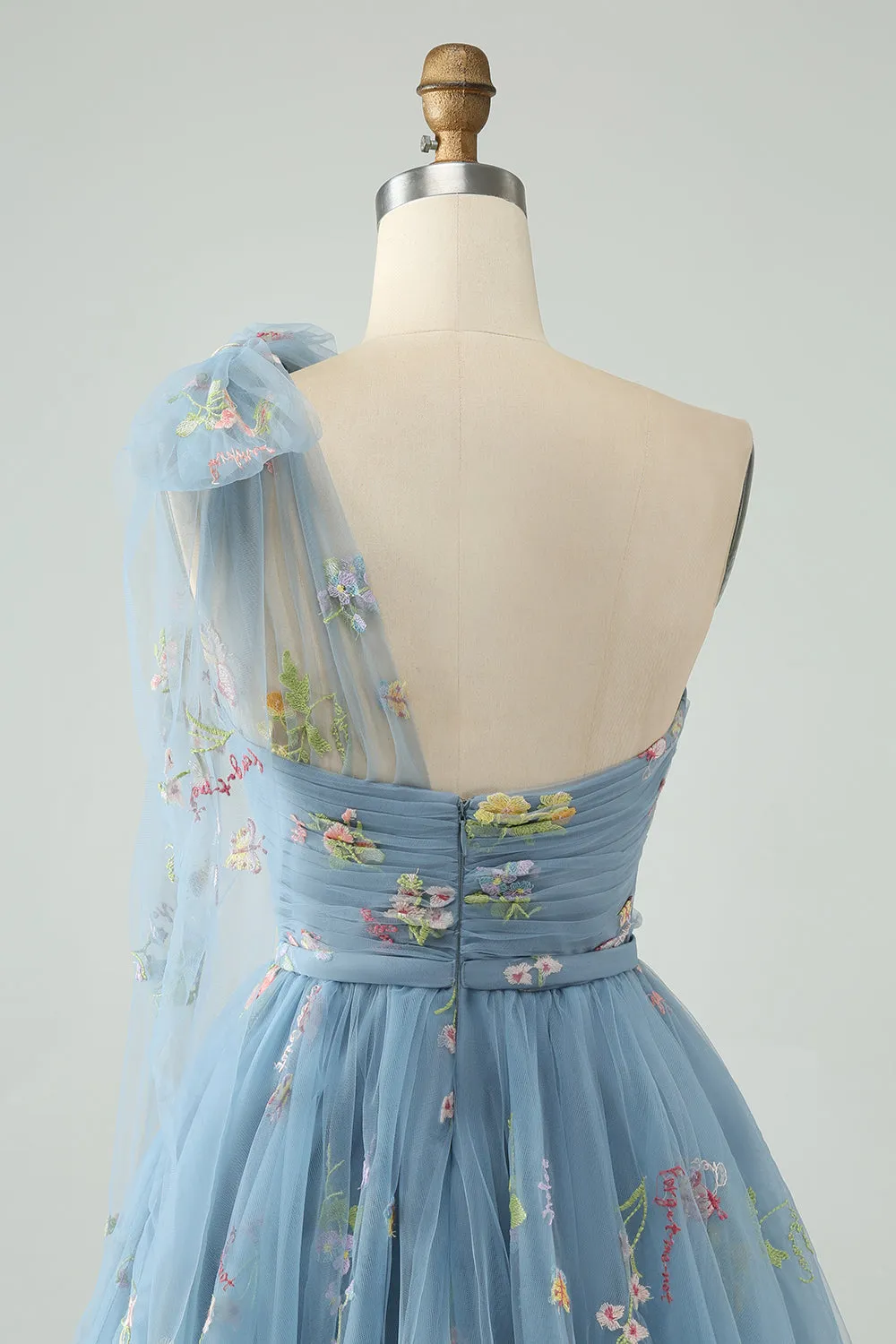 A Line One Shoulder Grey Blue Tulle Homecoming Dress with Floral Embroidery sold by Wedtrend product image thumbnail 5
