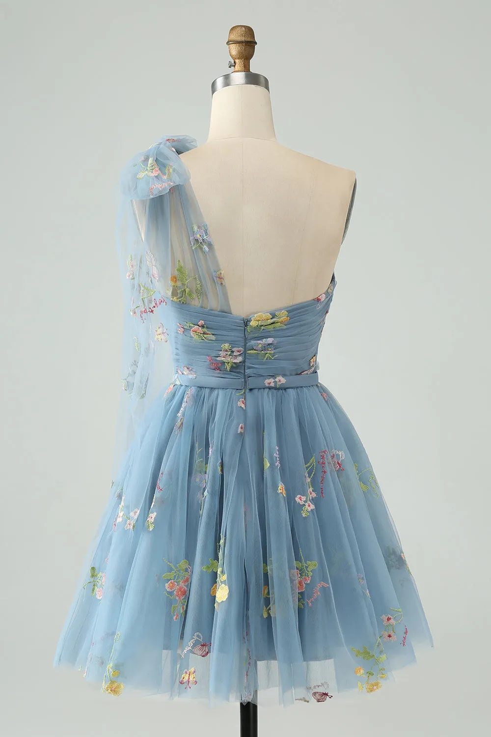 A Line One Shoulder Grey Blue Tulle Homecoming Dress with Floral Embroidery sold by Wedtrend product image thumbnail 2