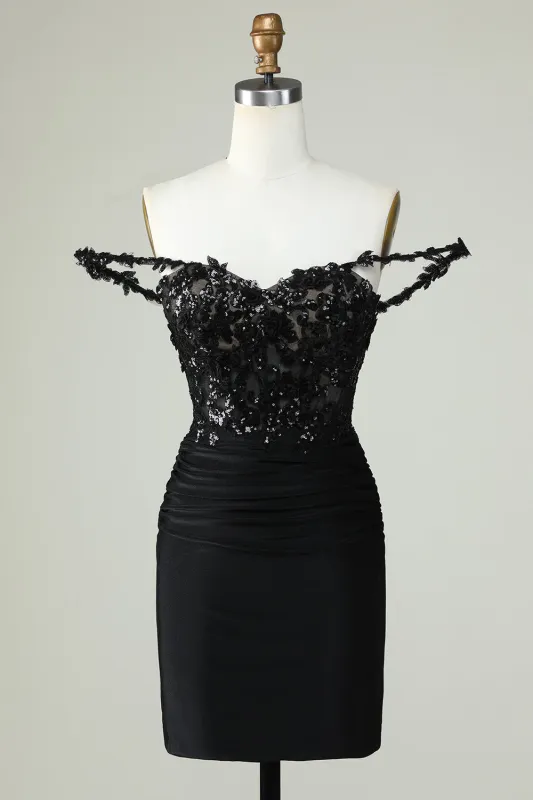 Unique Black Sheath Off the Shoulder Short Homecoming Dress with Appliques sold by Wedtrend
