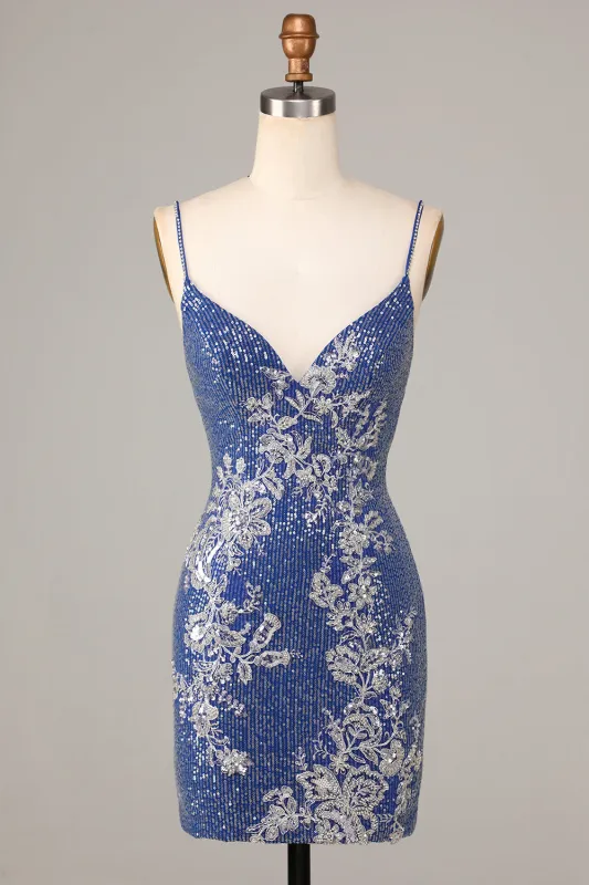 Dark Blue Sparkly Sheath Spaghetti Straps Short Homecoming Dress with Sequins sold by Wedtrend