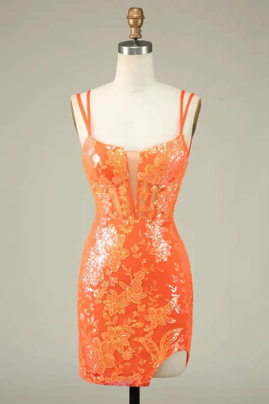 Gorgeous Orange Spaghetti Straps Tight Glittler Corset Homecoming Dress with Lace Up Back made by Wedtrend
