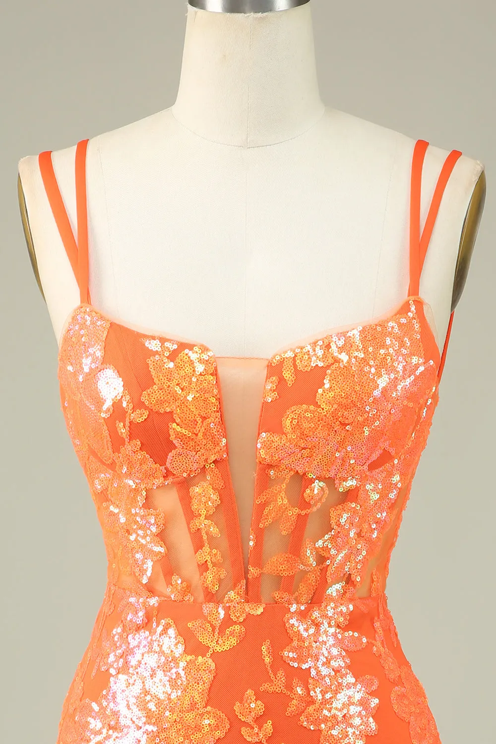 Gorgeous Orange Spaghetti Straps Tight Glittler Corset Homecoming Dress with Lace Up Back sold by Wedtrend product image thumbnail 4