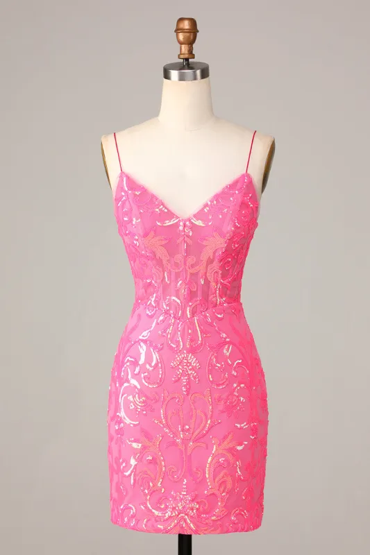 Amazing Sheath Fuchsia Spaghetti Straps Sequins Homecoming Dress sold by Wedtrend