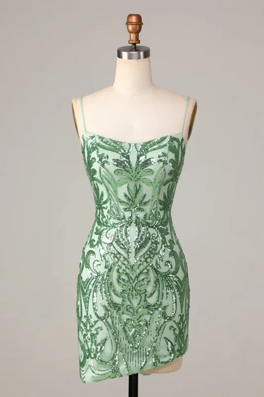 Stylish Green Bodycon Spaghetti Straps Backless Sequins Short Homecoming Dress sold by Wedtrend