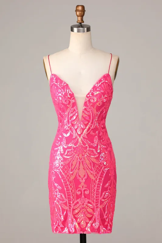 Chic Sparkly Hot Pink Sheath Spaghetti Straps Sequins Short Homecoming Dress made by Wedtrend
