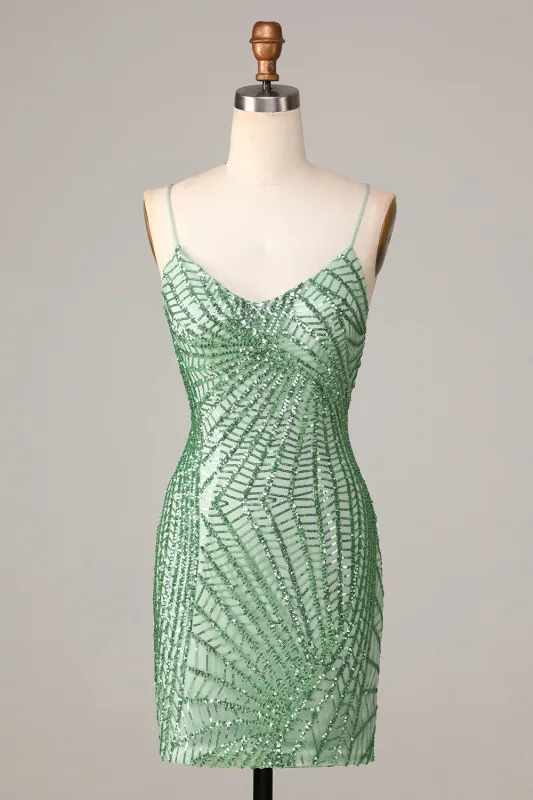 Stylish Green Sheath Sequins Short Homecoming Dress with Criss Cross Back made by Wedtrend