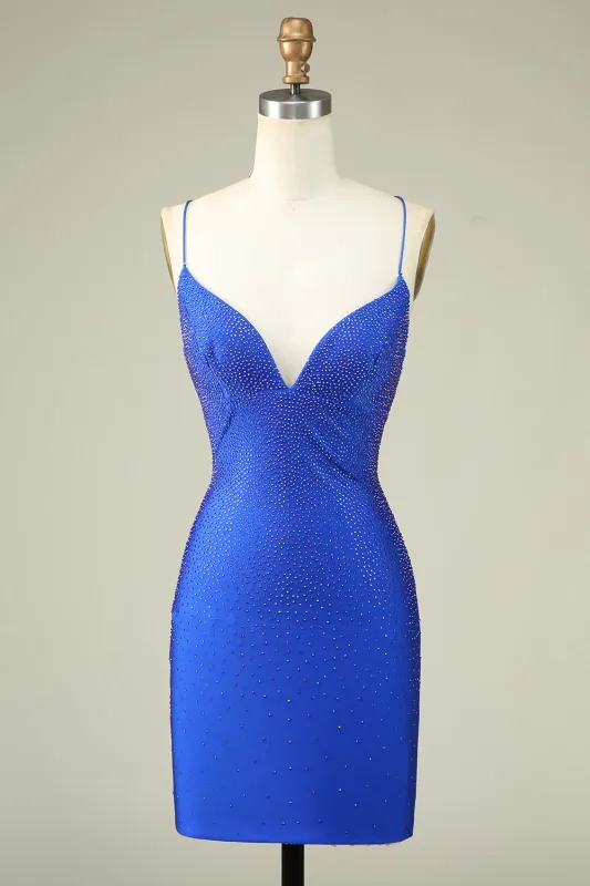Royal Blue Bodycon Spaghetti Straps Pleated Short Homecoming Dress With Beading sold by Wedtrend