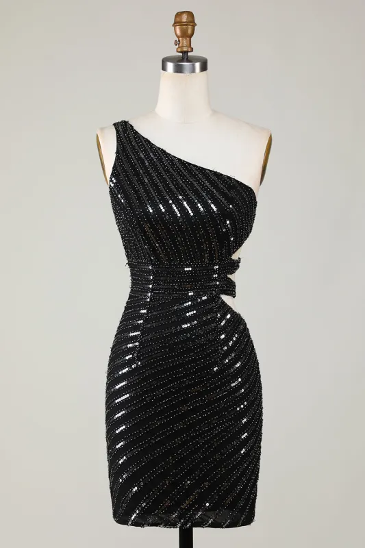 Sparkly Bodycon One Shoulder Black Sequins Short Homecoming Dress with Cut Out sold by Wedtrend