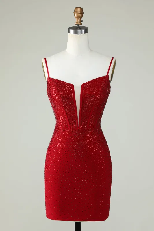 Sheath Spaghetti Straps Red Short Homecoming Dress with Beading made by Wedtrend