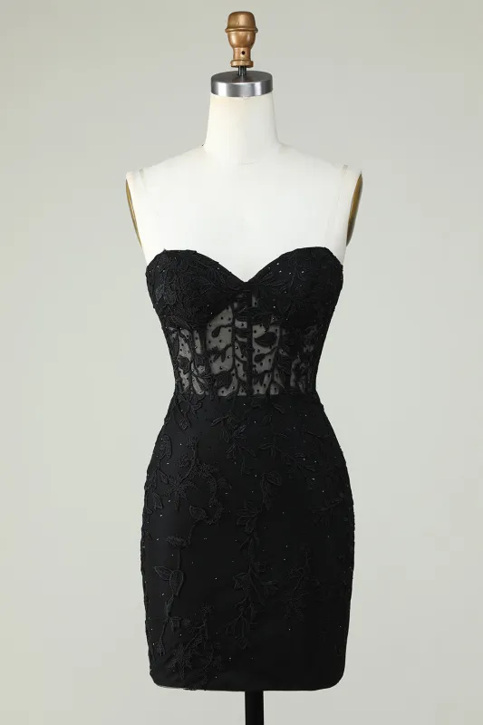 Bodycon Black Sweetheart Corset Short Homecoming Dress with Appliques made by Wedtrend