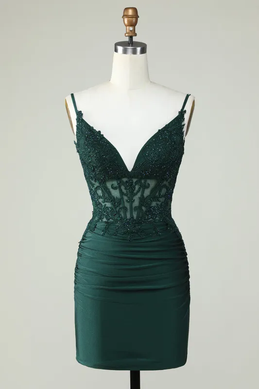 Bodycon Dark Green Spaghetti Straps Corset Homecoming Dress with Beading sold by Wedtrend