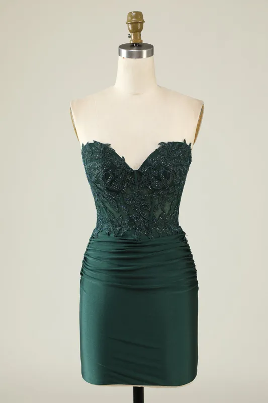 Dark Green Bodycon Strapless Applique Short Homecoming Dress with Beading sold by Wedtrend